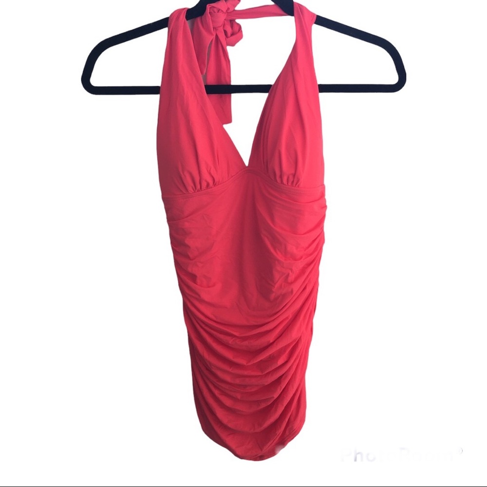 Coolibar orange ruche halter one piece swimsuit UPF 50+